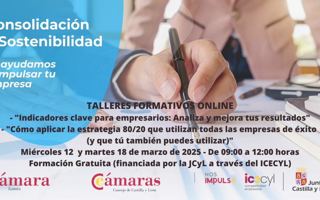 La Cámara de Comercio de Zamora y la Junta de Castilla y León inician un ciclo formativo de consolidación y sostenibilidad para pymes que incluye temáticas como indicadores claves para empresarios, la estrategia 80/20, facturación electrónica…