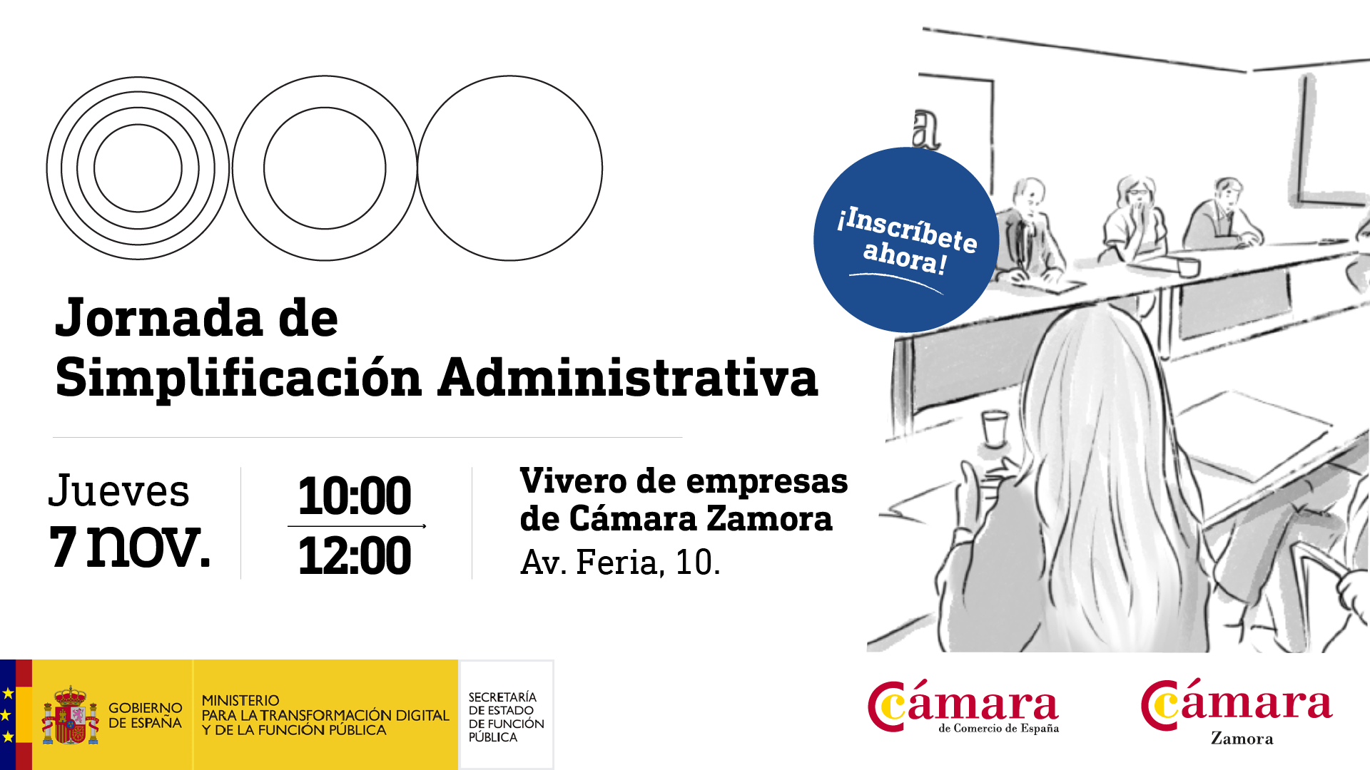 Cabecera visual anunciando la jornada de simplificación administrativa del día 7 de noviembre en Cámara Zamora