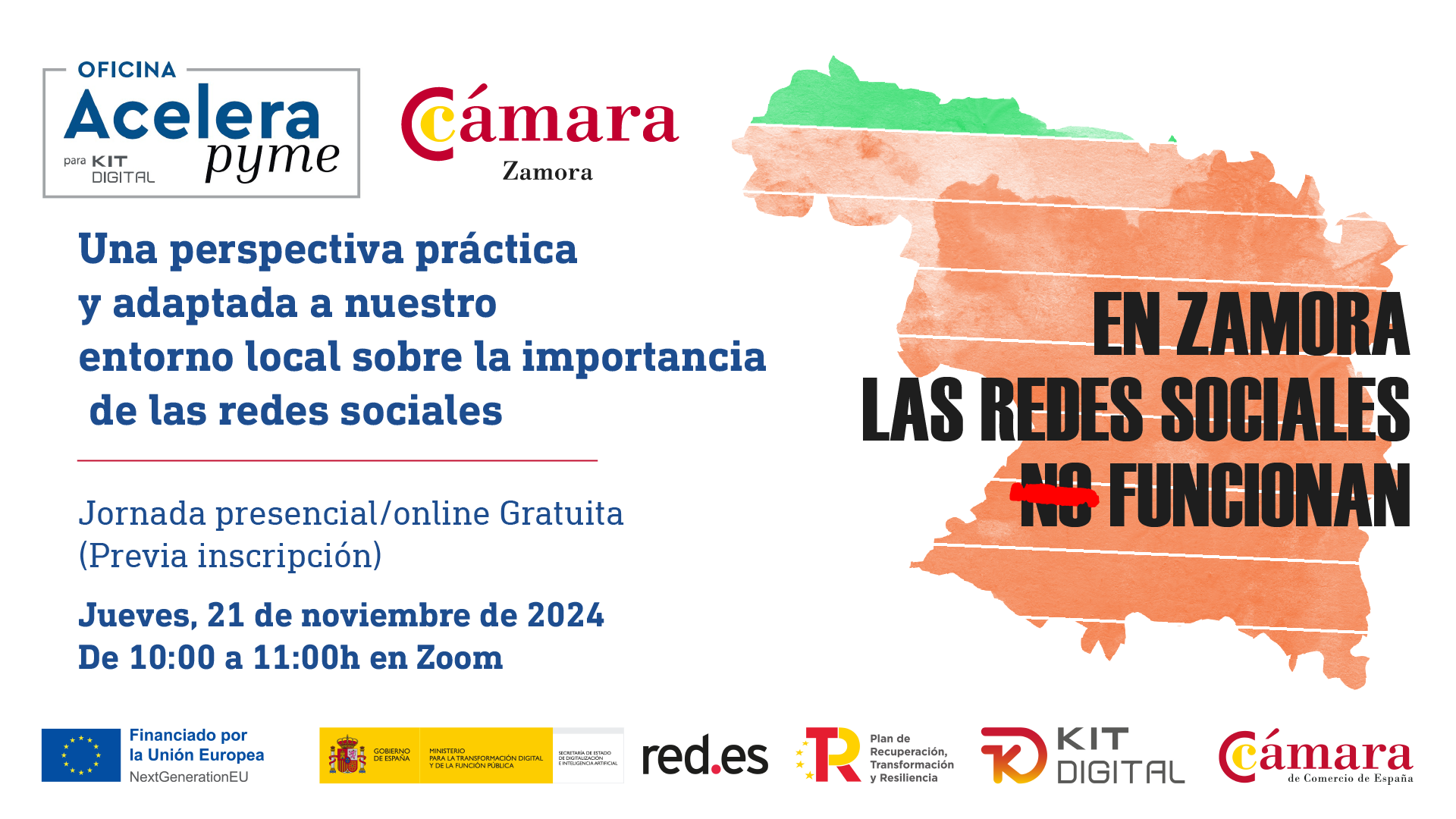 Rótulo anunciador de la jornada sobre redes sociales en zamora ofrecida por Cámara Zamora y Acelera Pyme